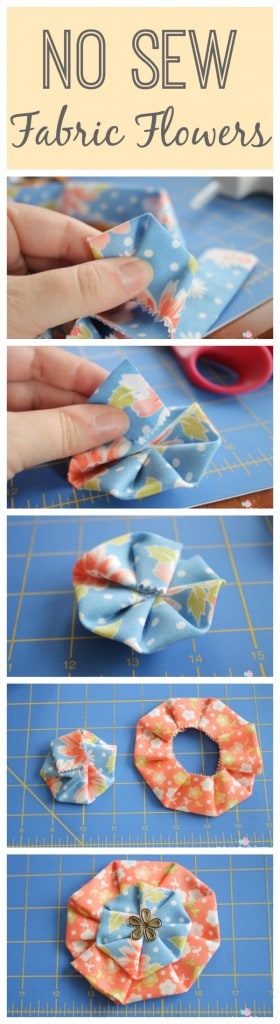 Learn to create these No Sew Fabric Flowers I used on my Vintage Scrap Wreath with these simple steps! via createcraftlove.com #nosew #fabricflowers #fabric #wreath #summer