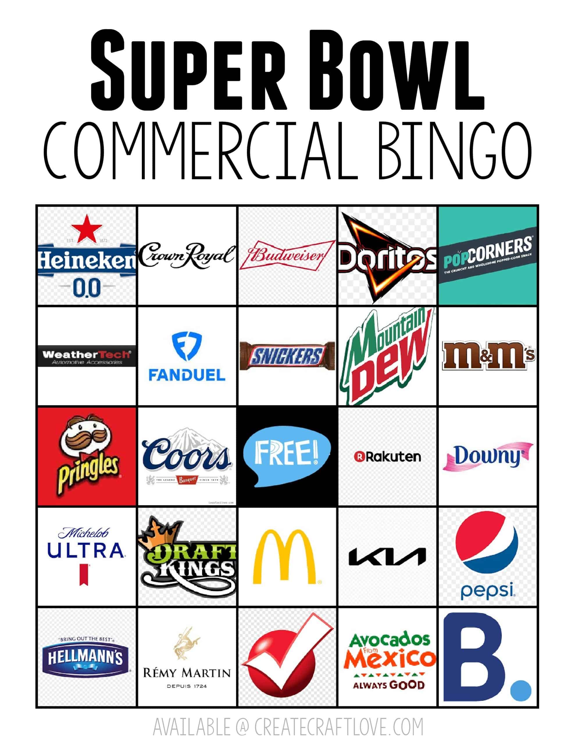 Super Bowl Commercial Bingo Updated Annually for the Game